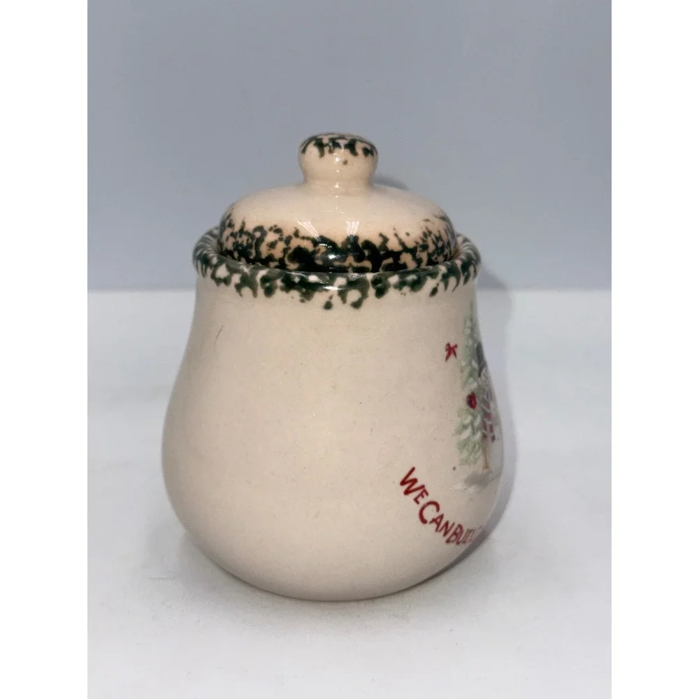 Unbranded Snowman Jam Jar Holiday Cream Green Excellent Stoneware Lidded Pot
